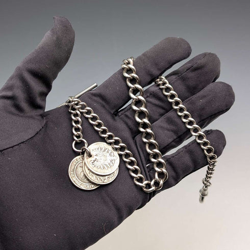 Circa 1900 British antique sterling silver Albert chain 48g silver coin fob