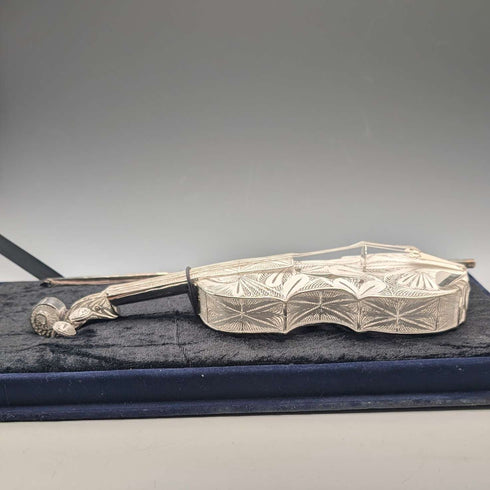 Vintage sterling silver filigree violin miniature in case