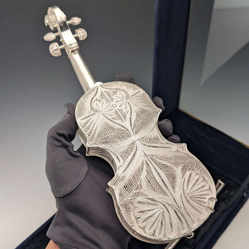 Vintage sterling silver filigree violin miniature in case