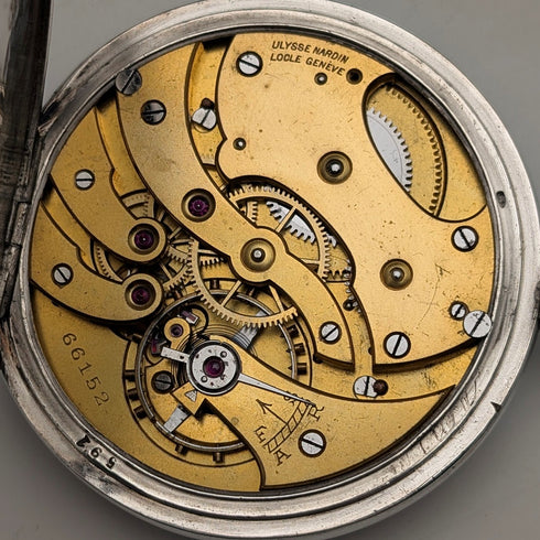 アンティーク ユリス・ナルダン 懐中時計 サッカー彫刻 銀側オープフェース 動作良好