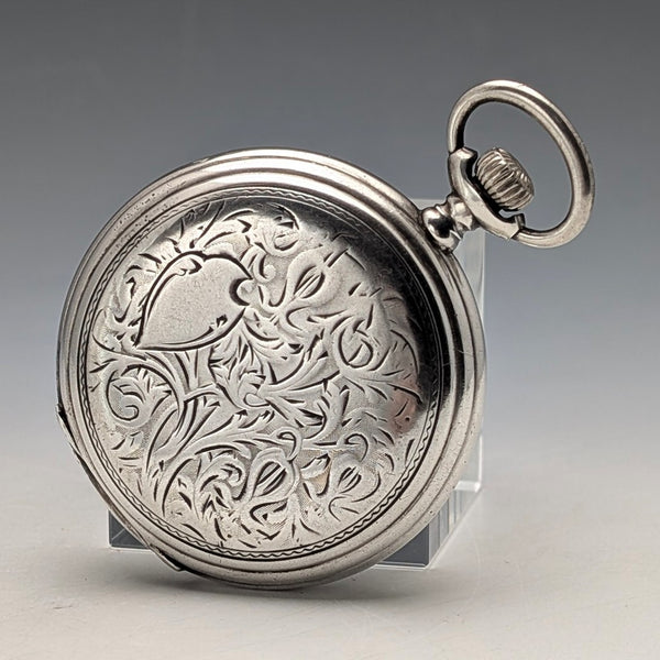 1908年頃 アンティーク ロンジン 懐中時計 スクロール彫刻 銀側ハンターケース 動作良好