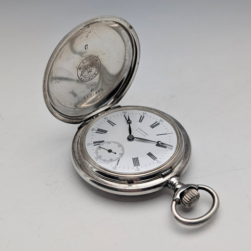 1908年頃 アンティーク ロンジン 懐中時計 スクロール彫刻 銀側ハンターケース 動作良好