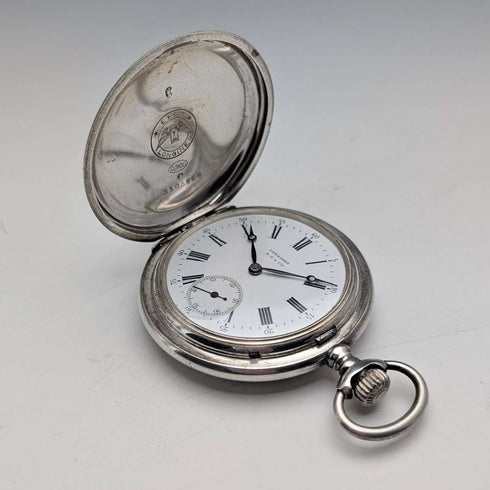 1908年頃 アンティーク ロンジン 懐中時計 スクロール彫刻 銀側ハンターケース 動作良好