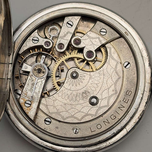 1908年頃 アンティーク ロンジン 懐中時計 スクロール彫刻 銀側ハンターケース 動作良好