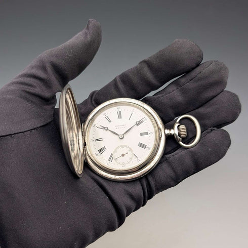 1908年頃 アンティーク ロンジン 懐中時計 スクロール彫刻 銀側ハンターケース 動作良好