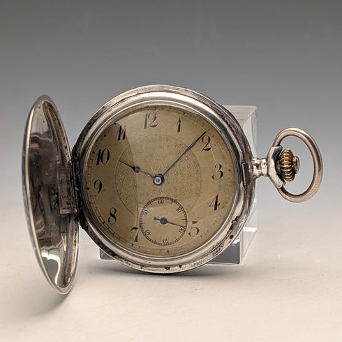 アンティーク スイス製 無銘 懐中時計 銀側ニエロ装飾 薄型ハンターケース 動作良好