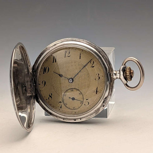 Antique Swiss made unsigned pocket watch with silver side niello decoration, slim hunter case, in good working order