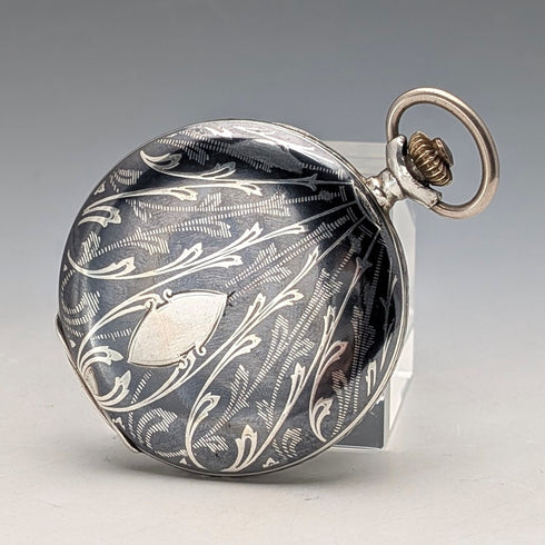 アンティーク スイス製 無銘 懐中時計 銀側ニエロ装飾 薄型ハンターケース 動作良好