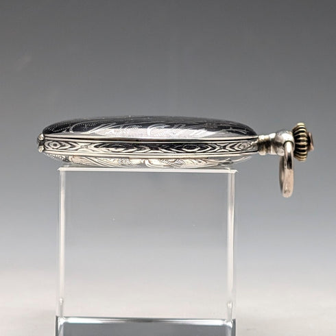 アンティーク スイス製 無銘 懐中時計 銀側ニエロ装飾 薄型ハンターケース 動作良好