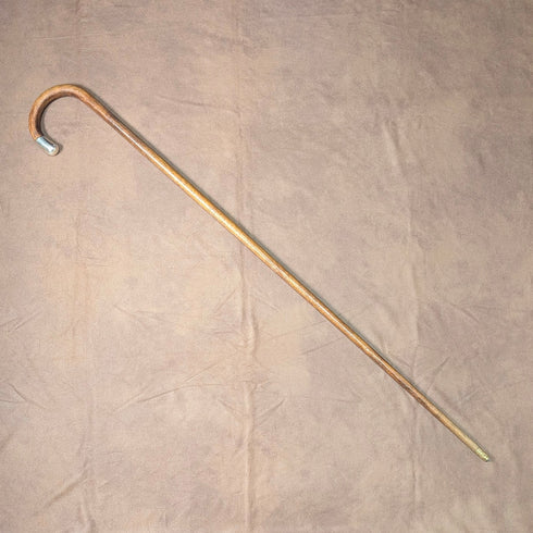 1920s British antique brown shaft, curved handle, sterling silver decoration, walking stick, 89cm