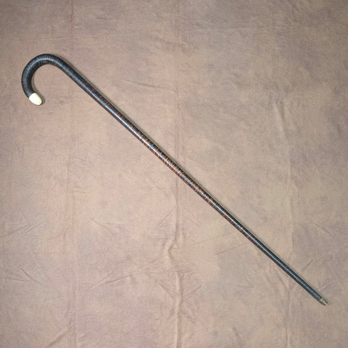 英国アンティーク ボーン装飾 曲がりハンドル 革巻き鉄芯シャフト ステッキ 杖 89cm