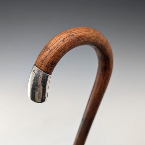 1920s British antique brown shaft, curved handle, sterling silver decoration, walking stick, 89cm