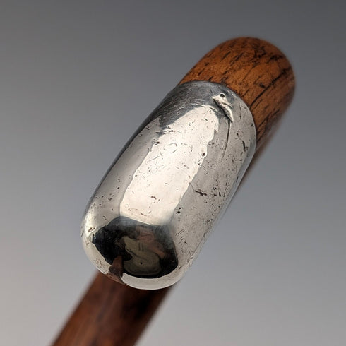 1920s British antique brown shaft, curved handle, sterling silver decoration, walking stick, 89cm
