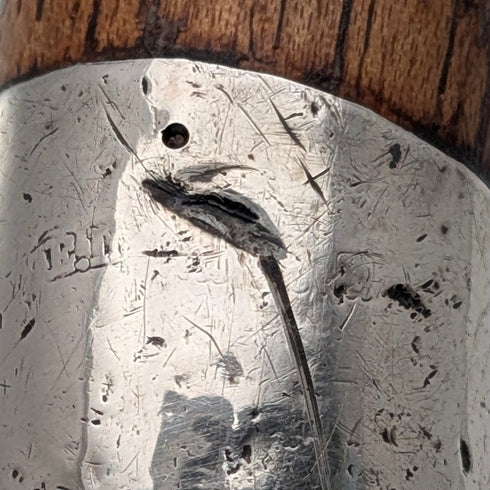 1920s British antique brown shaft, curved handle, sterling silver decoration, walking stick, 89cm