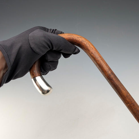 1920s British antique brown shaft, curved handle, sterling silver decoration, walking stick, 89cm