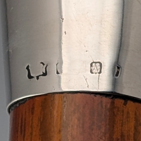 1924 British antique tan shaft sterling silver rondelle handle walking stick 89cm