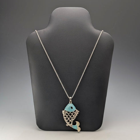 復古純銀琺瑯大魚吊飾搭配純銀項鍊,共44克