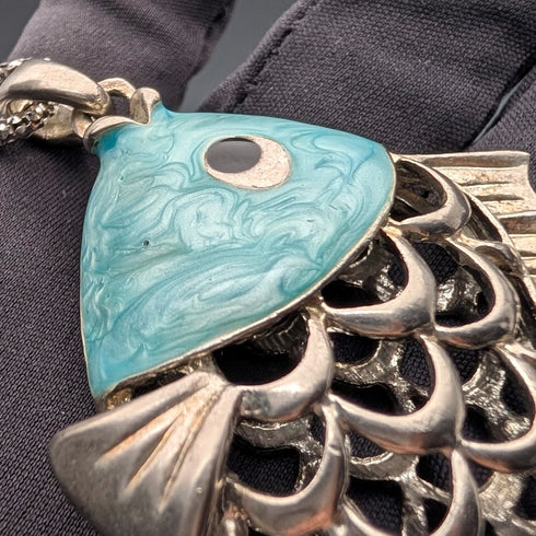 復古純銀琺瑯大魚吊飾搭配純銀項鍊,共44克