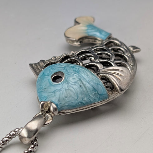 復古純銀琺瑯大魚吊飾搭配純銀項鍊,共44克