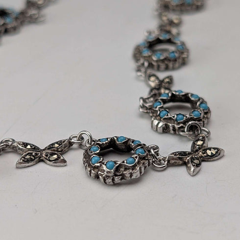 Vintage sterling silver turquoise glass and marcasite necklace 23g