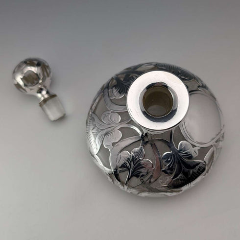 Antique American Art Nouveau Silver Overlay Glass Perfume Bottle