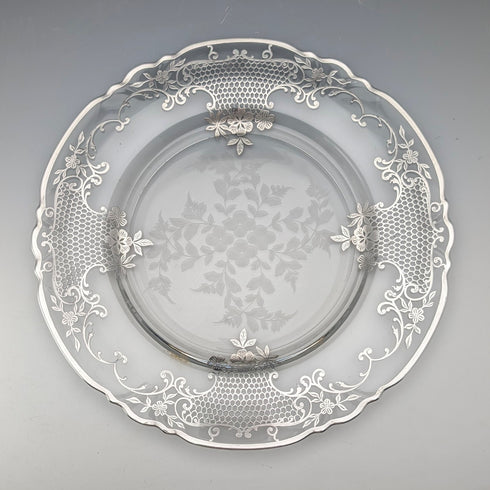 古董美國銀質覆蓋花卉裝飾玻璃盤,直徑 27 厘米
