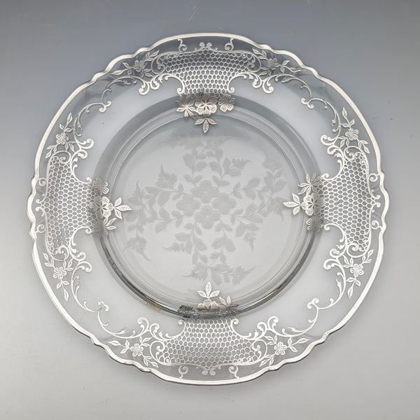 古董美國銀質覆蓋花卉裝飾玻璃盤,直徑 27 厘米