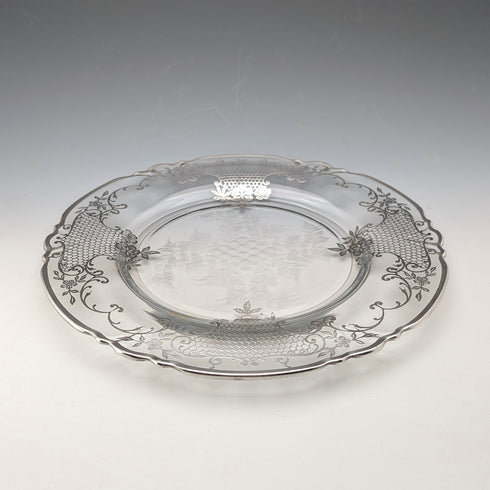 古董美國銀質覆蓋花卉裝飾玻璃盤,直徑 27 厘米
