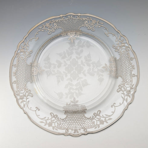 古董美國銀質覆蓋花卉裝飾玻璃盤,直徑 27 厘米