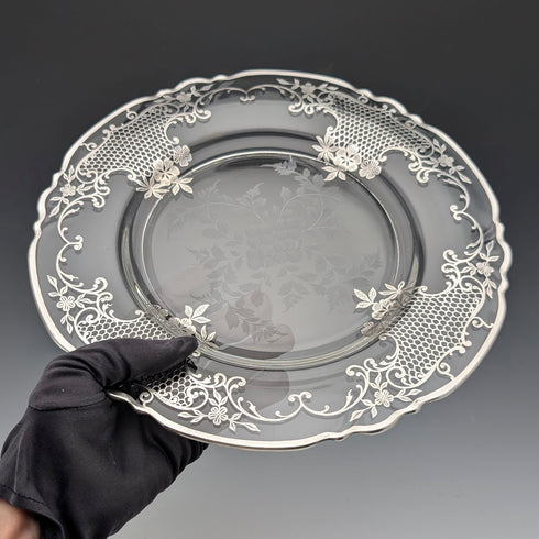 古董美國銀質覆蓋花卉裝飾玻璃盤,直徑 27 厘米