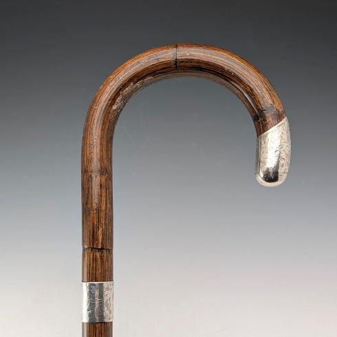 1914年 英国アンティーク ブラウンシャフト 曲がりハンドル 純銀装飾 ステッキ 杖 85cm J Howell&Co
