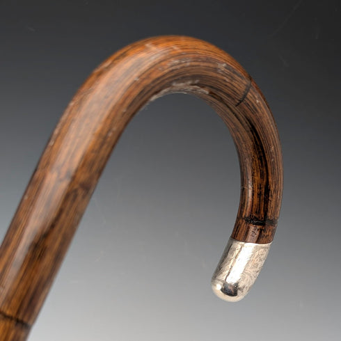 1914年 英国アンティーク ブラウンシャフト 曲がりハンドル 純銀装飾 ステッキ 杖 85cm J Howell&Co