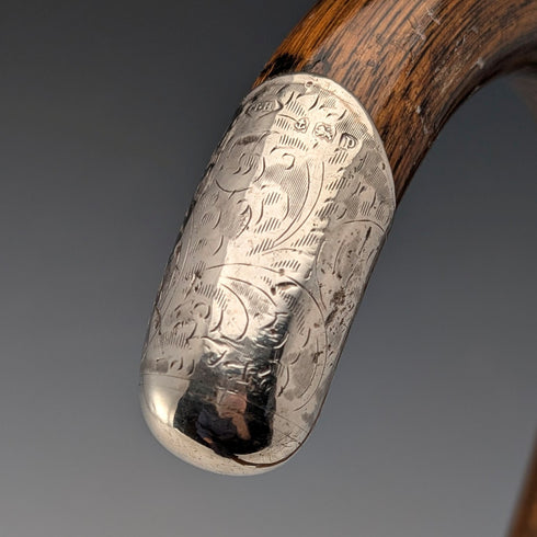 1914年 英国アンティーク ブラウンシャフト 曲がりハンドル 純銀装飾 ステッキ 杖 85cm J Howell&Co
