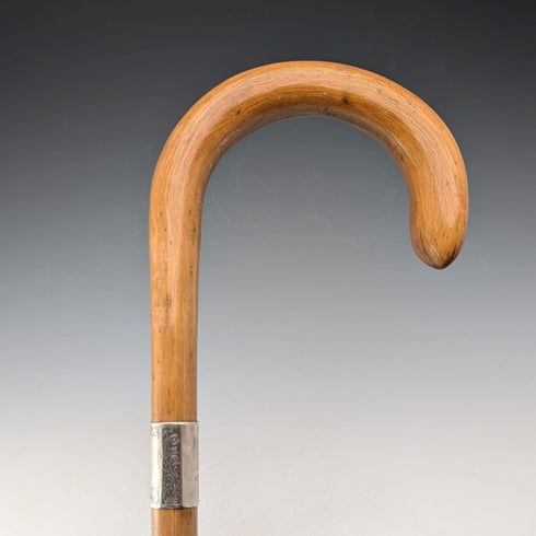 1923 British antique tan shaft, curved handle, pure silver decoration, walking stick, 91cm, K&S