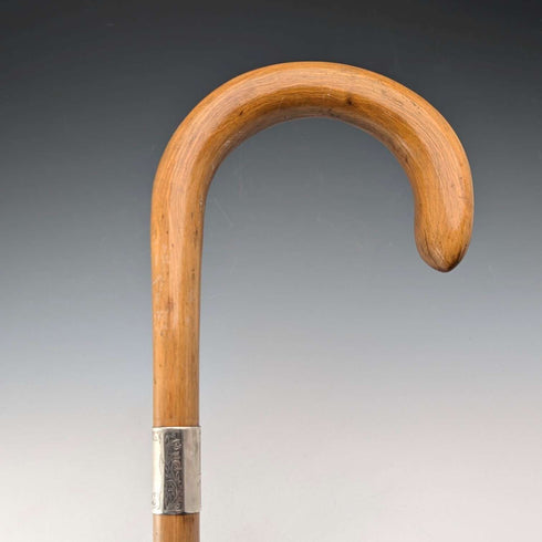 1923年 英国アンティーク タンシャフト 曲がりハンドル 純銀装飾 ステッキ 杖 91cm K&S