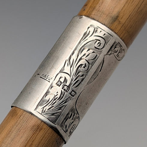 1923 British antique tan shaft, curved handle, pure silver decoration, walking stick, 91cm, K&S