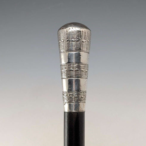 1922 British antique black shaft sterling silver rondelle handle walking stick 91cm MS