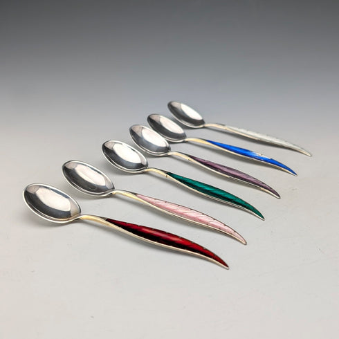 Nordic vintage enamel decoration sterling silver coffee spoon set of 6, total 45g Otter Hval