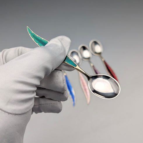 Nordic vintage enamel decoration sterling silver coffee spoon set of 6, total 45g Otter Hval