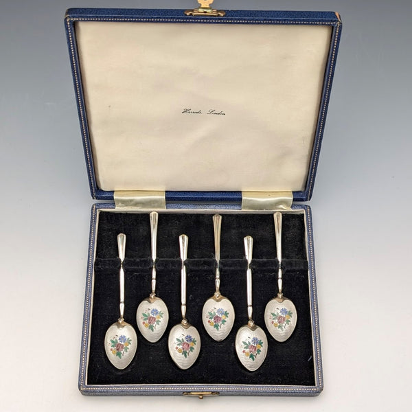 1954 British vintage enamel decorated sterling silver coffee spoon set of 6, total weight 71g, Turner & Simpson, case included