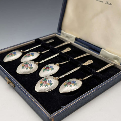 1954 British vintage enamel decorated sterling silver coffee spoon set of 6, total weight 71g, Turner & Simpson, case included