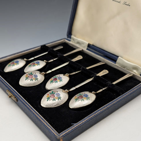 1954年 英国ヴィンテージ エナメル装飾 純銀製 コーヒースプーン6本セット 計71g Turner&Simpson ケース入