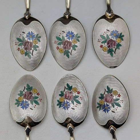 1954 British vintage enamel decorated sterling silver coffee spoon set of 6, total weight 71g, Turner & Simpson, case included