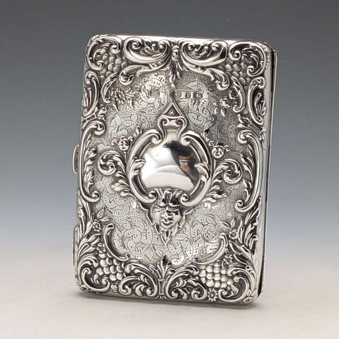 1898年 英国アンティーク 純銀製 両開き型 極厚カードケース 127g レリーフ装飾 Joseph Gloster 極美品