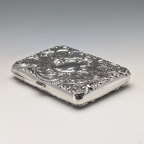 1898 British antique sterling silver double-sided extra thick card case 127g relief decoration Joseph Gloster Very good condition
