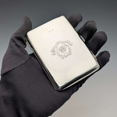 1897 British antique sterling silver double door card case, mirror finish, coat of arms engraved, 107g