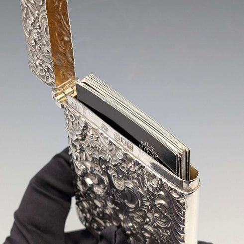 1897年 英国アンティーク レリーフ天使彫刻 純銀製カードケース 79g William Comyns