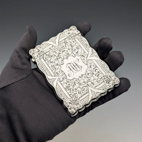1901年 英国アンティーク スクロール彫刻 純銀製カードケース 68g WILLIAM M. HAYES