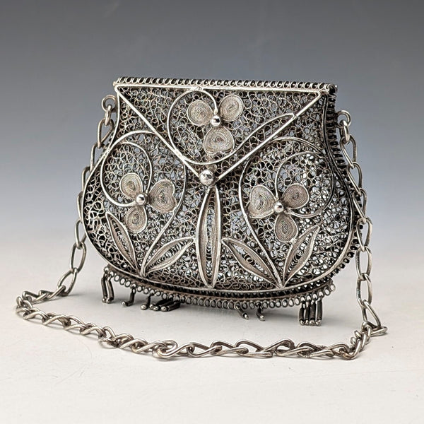 Vintage silver filigree purse with chain, coin purse, 40g