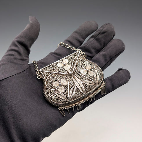 ヴィンテージ 銀線フィリグリー製 チェーン付きパース 小銭入れ 40g